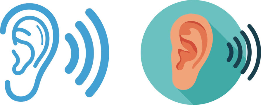 Stylized Ear and Sound Wave Icons in Outline and Flat Design