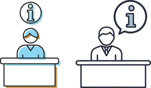 Minimalist outline icons of help desk agents and information symbols - Powered by Adobe