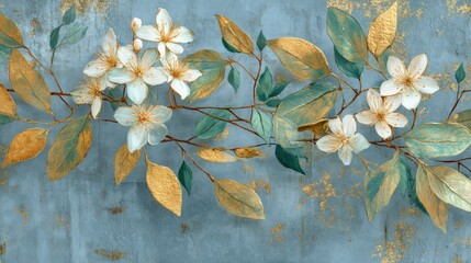 A blue and gold abstract floral mural with white flowers and green leaves on a textured blue background.