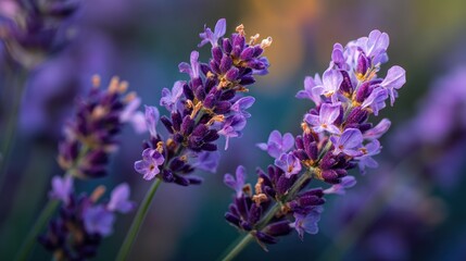 Fototapeta premium Purple lavender flowers with yellow centers, blooming in a garden with a blurred background.