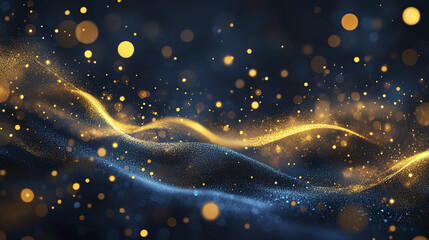 Abstract dark blue and gold particle background with glowing bokeh lights and sparkling wave patterns creating magical and elegant atmosphere