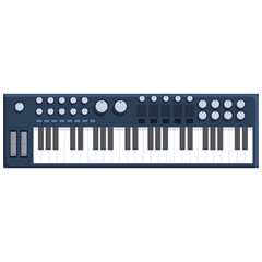 Dark Blue Digital Synthesizer Keyboard With White Keys And Grey Knobs And Buttons Isolated On White Background In Studio Lighting