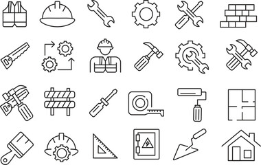 Labor Icons Set ? Linear Style Construction, Workers, Tools, and Building Symbols Collection,Labor Day Icon Pack,Construction and Labor Outline Icons..eps