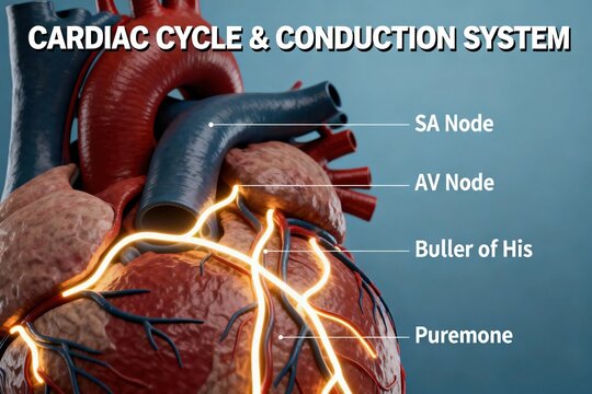 Cardiac Cycle and Conduction System Anatomy with Electrical Pathways Illustration