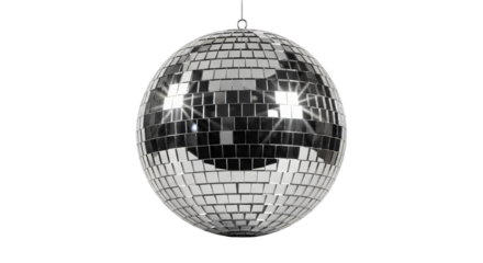 A silver mirrored disco ball is suspended by a chain and wire against a transparent background.