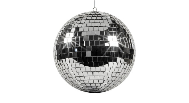 A silver mirrored disco ball is suspended by a chain and wire against a transparent background.