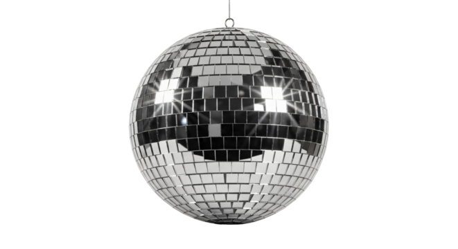 A silver mirrored disco ball is suspended by a chain and wire against a transparent background.