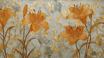 A textured, gray wall with a floral pattern of orange lilies and white flowers, with a light gray background and a subtle, abstract design.
