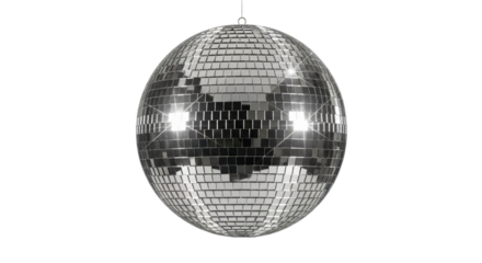 A large, spherical disco ball hangs from a chain against a transparent background. The disco ball is covered in small, square mirrored tiles that reflect light.