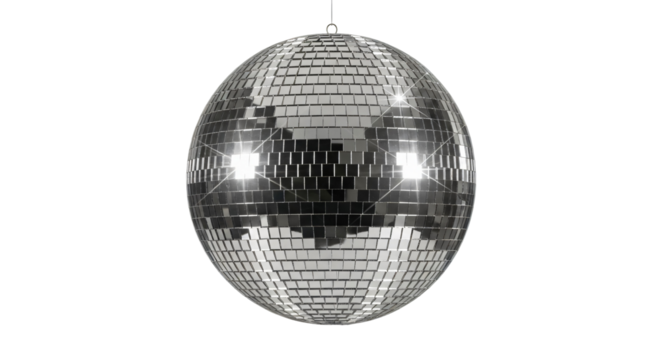 A large, spherical disco ball hangs from a chain against a transparent background. The disco ball is covered in small, square mirrored tiles that reflect light.