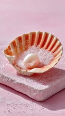 A Delicate Pearl Rests Within A Pink Scallop Shell On A Glittering Pink Stone Display With Scattered Sparkles And Soft Light