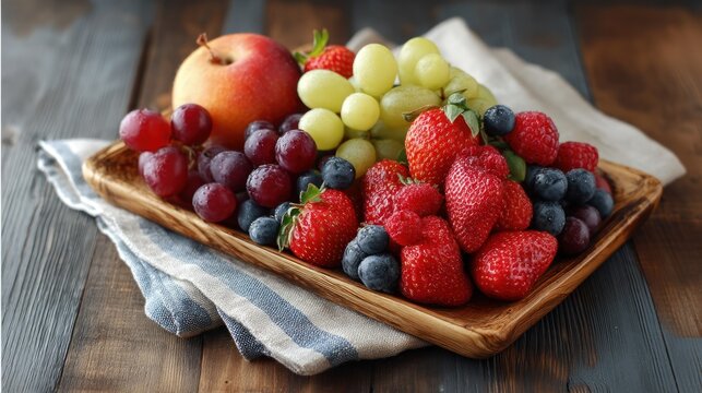 A wooden tray filled with a variety of fresh fruits, including strawberries, blueberries, grapes, and apples, placed on a rustic wooden table with a white napkin and a blue and white striped cloth. - Powered by Adobe