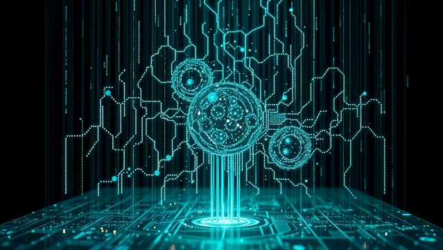 A dark blue data tree abstract technology with a binary code pattern and matrix element arrangement for science and computer concepts