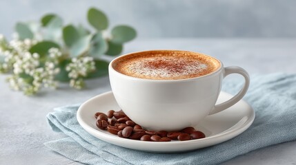 Fototapeta premium A Deliciously Frothy Cappuccino Coffee in a White Cup with Chocolate Sprinkles and Coffee Beans on a Saucer with Soft Green Foliage and Delicate White Flowers in the Background