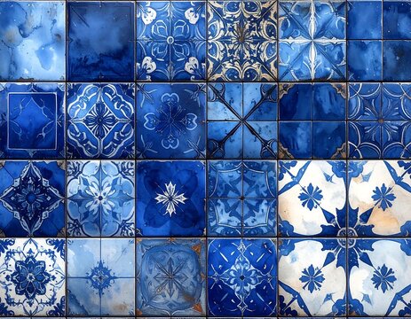 Close-up of intricately patterned blue and white ceramic tiles