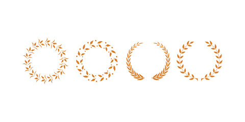 silhouette circular laurel foliate, wheat and oak wreaths depicting an award, achievement, heraldry, nobility on white background