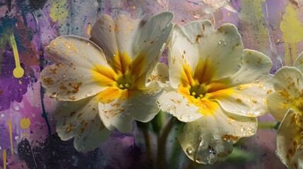 Two delicate white primroses with yellow centers, surrounded by a vibrant, abstract, 