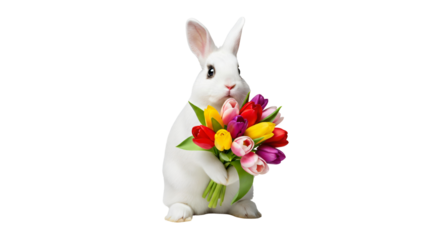 Small, white rabbit with long, floppy ears holding a bouquet of colorful tulips in its front paws.Transparent png file, isolated background.