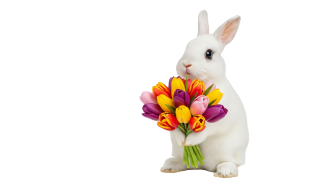 White rabbit sitting upright holding a small bouquet of tulips in its front paws. Transparent file, no background.