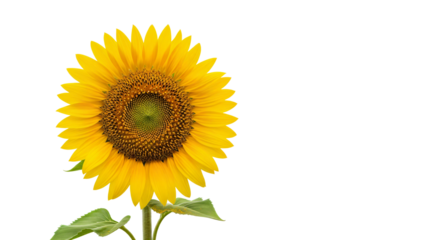 Single sunflower as the central focus, set against a isolated background. The sunflower is fully bloomed with vibrant yellow petals radiating outward from a dark brown center.