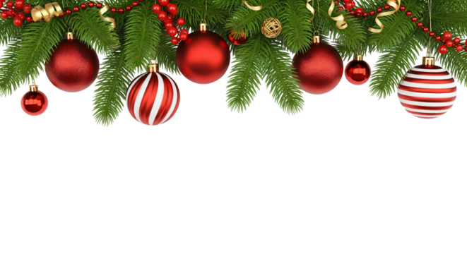 Horizontal arrangement of Christmas tree branches adorned with ornaments, such as: hiny red baubles, striped red and white balls, and gold beads. Transparent png file, no background.