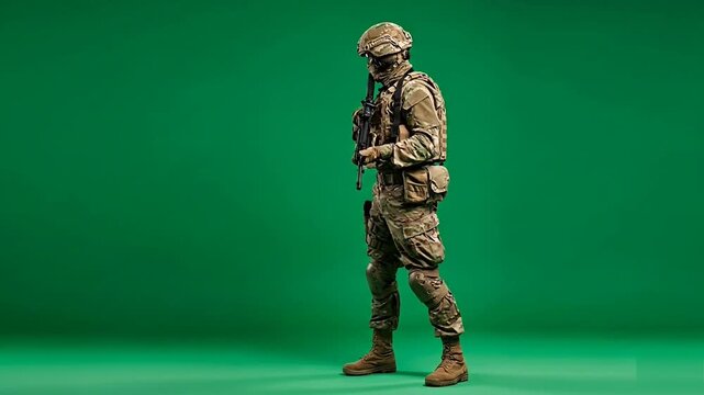 Soldier Looking Around Alert Guard Duty Green Screen Military Tactical Vigilant Security