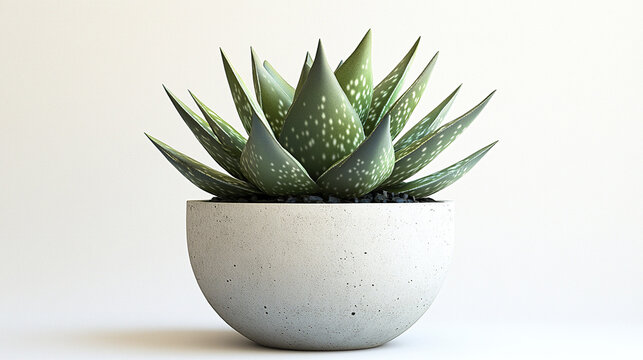 Aloe vera succulent plant with thick green leaves and white spots in modern round concrete pot on white background, showcasing natural texture and sharp leaf tips
