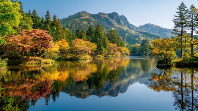 Autumnal landscape with colorful trees and a serene lake, surrounded by mountains and a clear sky. - Powered by Adobe