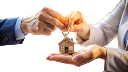 Closeup of a real estate agent handing over house keys isolated on transparent background
