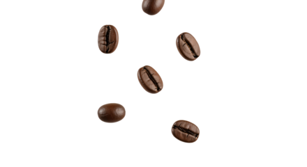 Several coffee beans falling against isolated transparent background.