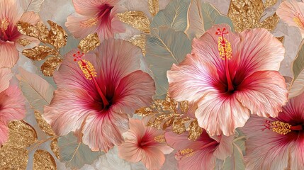 A vibrant floral arrangement with pink and gold hibiscus flowers and leaves on a textured, marble-like background.