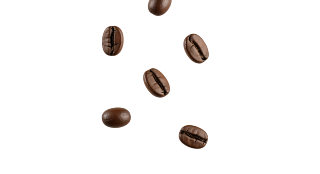 Several coffee beans falling against isolated transparent background.