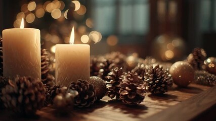 Warm candlelight and pine cones create a cozy holiday atmosphere ideal for winter celebrations and festive gatherings showing flickering light and movement