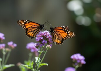 Fototapeta premium A beautiful monarch butterfly with distinctive orange and black wings pauses lightly on vibrant violet blossoms in a sunny garden scene ,bloom ,pollination ,bright