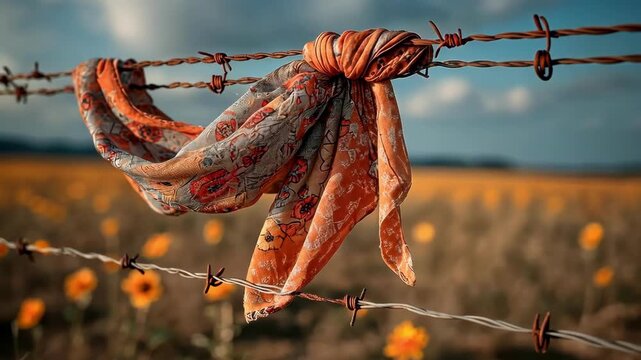 Floral scarf tied to barbed wire fence with sunflower field in background.