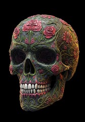 Detailed decorative skull illustration adorned with intricate rose and vine patterns creating a beautiful whimsical yet dark aesthetic design ,dark ,mortality ,decorative