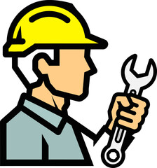 Worker with a hard hat and wrench icon. Symbol for a mechanic, engineer, or repair service