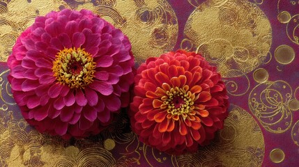 Two vibrant pink and red flowers with yellow centers, placed on a gold and purple patterned background with circular patterns and dots.
