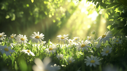 Blooming daisy flowers with white petals and yellow centers in vivid green field under soft sunlight creating peaceful and fresh natural atmosphere