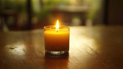 A Lit Candle on a Wooden Table: A Moment of Tranquility
