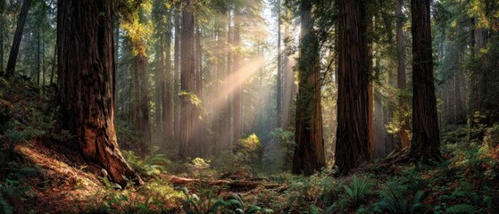 Obraz premium Sunlight streams through the tall trees in a lush forest landscape