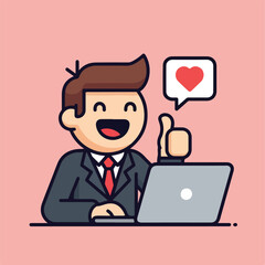Happy man using heart icon to like content online. Suitable for social media, online marketing, positive feedback, internet engagement.