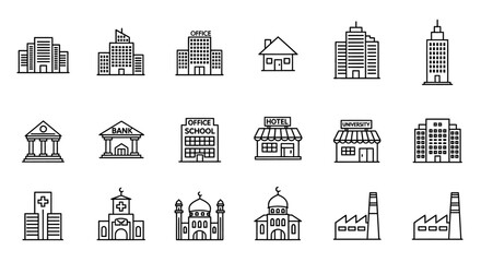 Modern vector line art of city buildings like schools, banks, hospitals, factories, houses of worship, offices, hotels, and universities for urban planning