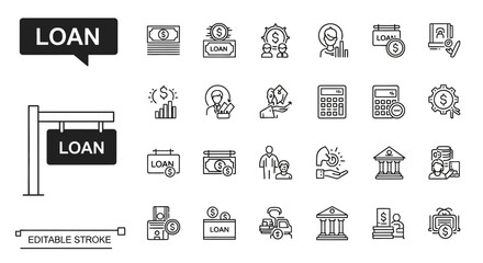 Streamlined loan icons for modern financial apps and banking services, illustrating lending, investment, and economic growth opportunities for innovative fintech designs