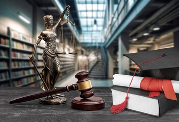 Law education, legal study concept, books in library