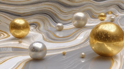 A surreal, abstract composition featuring a mix of metallic and glossy spheres, with a background of swirling, marbled patterns in shades of gold and silver.