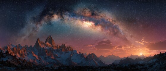 Obraz premium Dramatic landscape panorama with mountain range starry night sky and clouds