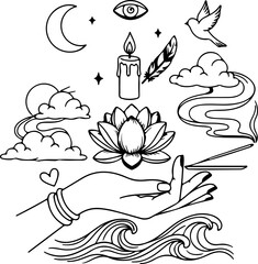 Mystical line art collection for spiritual designs, perfect for meditation retreats and wellness brands seeking elegant, calming, and enchanting visuals