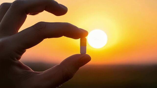 Hand holding a single capsule against a bright sunset, symbolizing health and hope
