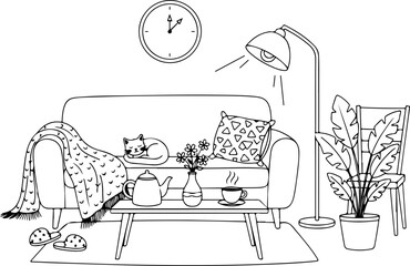 Cozy living room scene with cat napping on sofa, warm tea, inviting blanket, and soft light - perfect for relaxation and home comfort moments